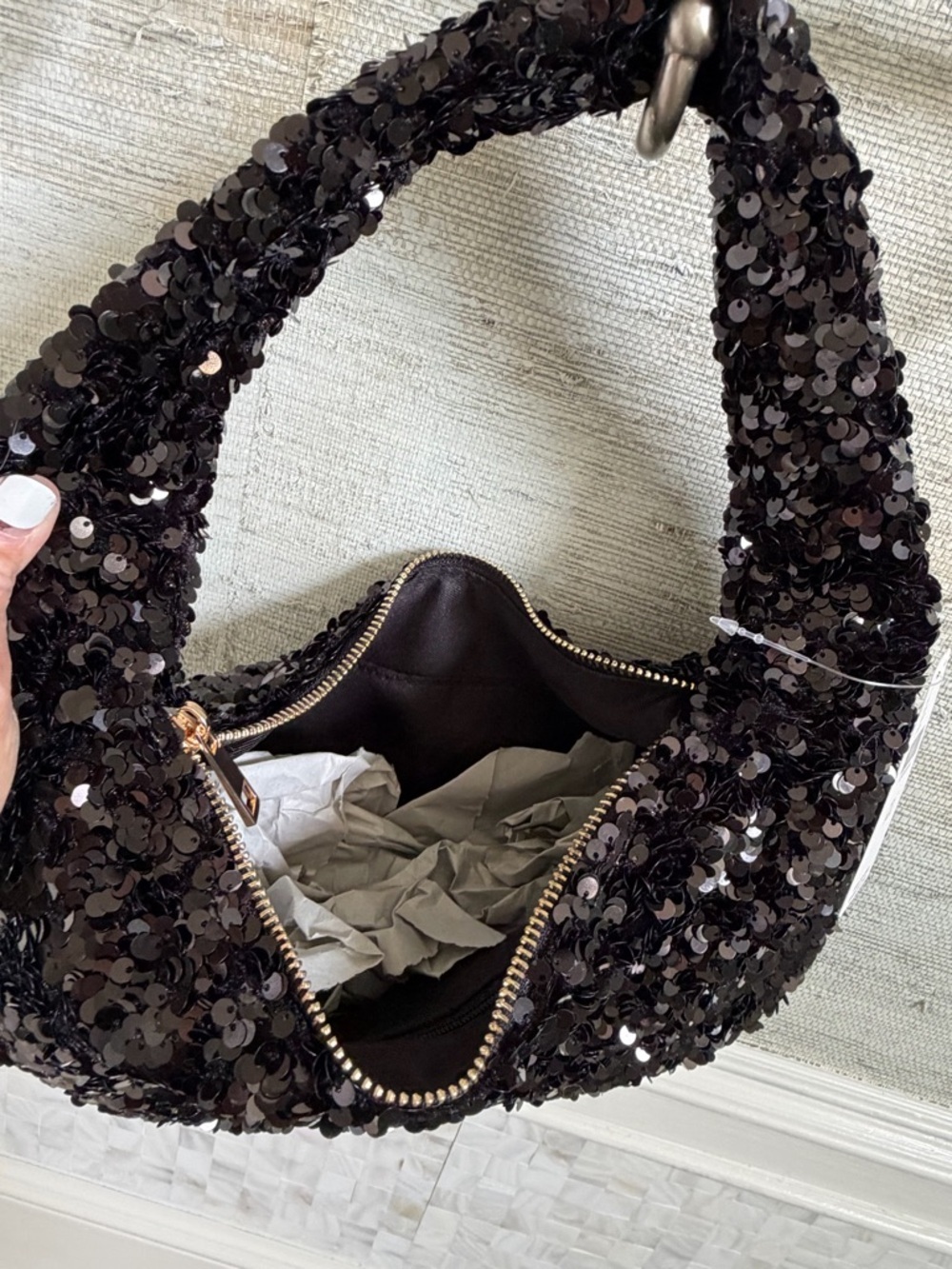 NWT new Anthropologie paillette sequin crescent bag black Shoulder purse - Picture 10 of 14